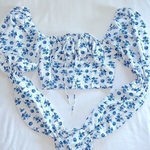White and blue bell bottom sleeves crop blouse